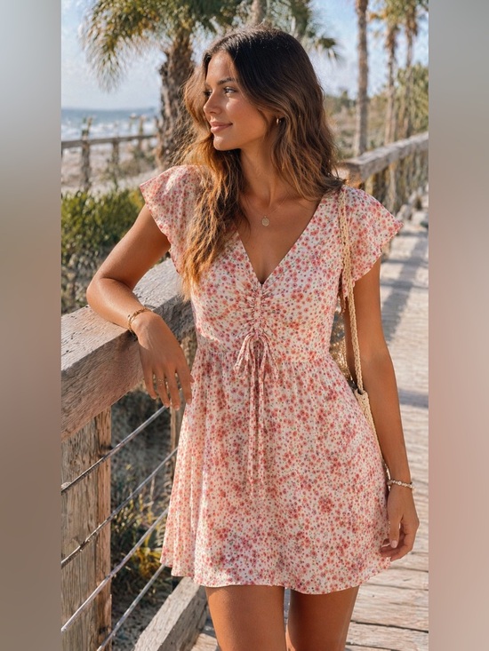 Monteau Dresses & Skirts - Monteau Floral Ruched Mini Dress Small Tie Front Flutter Sleeve